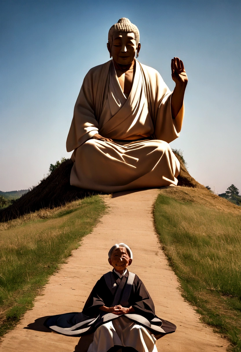 Depicting the Buddha's unwavering determination and hard work, Demonstrating his resilience when faced with difficulties on his spiritual journey, A man around 90 years old, Vulture Zen Master, Lying on your back and meditating、smile, Ultra-sharp focus,Sitting on a hill,frontage, Photo Real, Men's clothing in the Middle Ages, Tetrahedron Color (scar:1,4),I fasted for a month,Skinny,I'm about to die、Extremely skinny,Too skinny,I can see the bones,ミイラとなってGuts poseをする,Guts pose,Victory pose