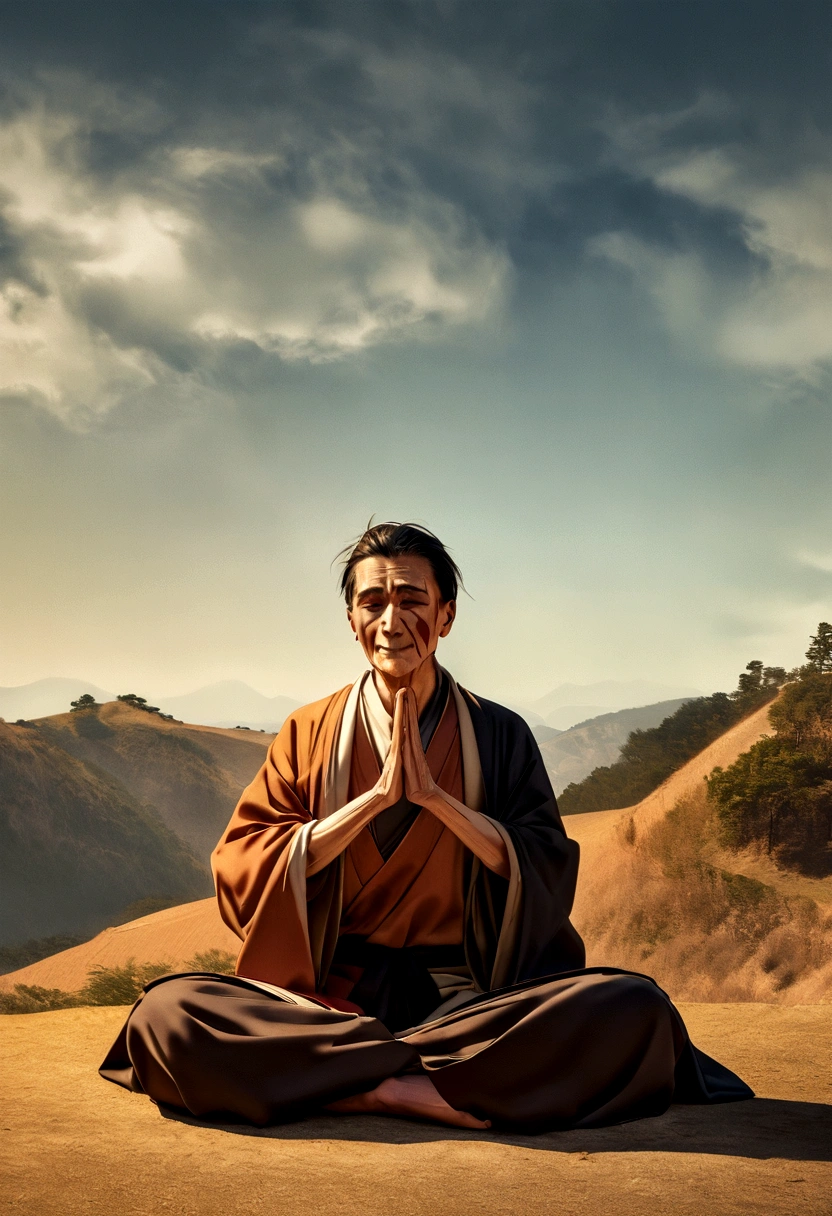 Depicting the Buddha&#39;s unwavering determination and hard work, Demonstrating his resilience when faced with difficulties on his spiritual journey, A man around 90 years old, Vulture Zen Master, Lying on your back and meditating、smile, Ultra-sharp focus,Sitting on a hill,frontage, Photo Real, Men's clothing in the Middle Ages, Tetrahedron Color (scar:1,4),I fasted for a month,Skinny,I&#39;m about to die、Extremely skinny,Too skinny,I can see the bones,ミイラとなってGuts poseをする,Guts pose,Victory pose