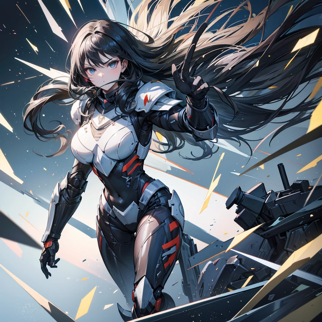 Highest quality,masterpiece,Girl,Black Hair,Long Hair,black eye,Light Particles,Diffused light,powered armor, full armor, powered leg, sentai hero battle armor