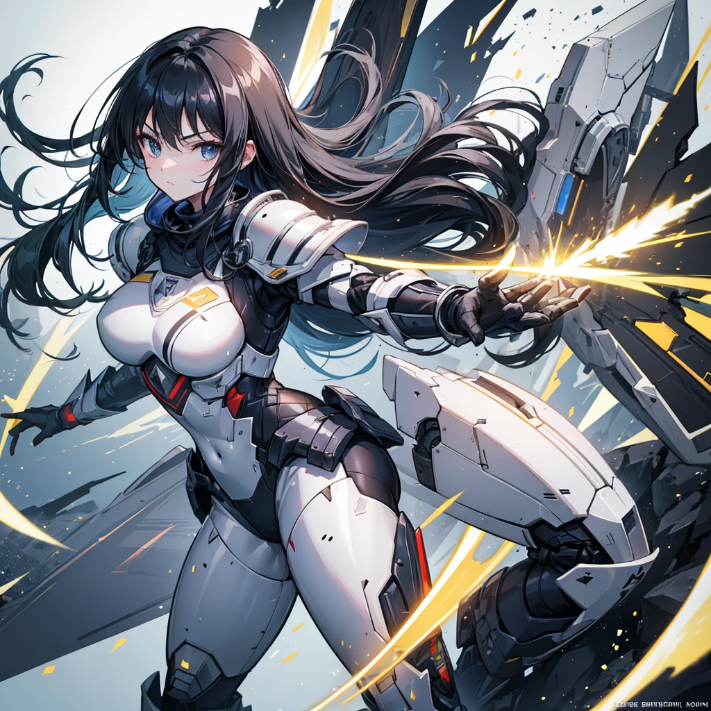 Highest quality,masterpiece,Girl,Black Hair,Long Hair,black eye,Light Particles,Diffused light,powered armor, full armor, powered leg, sentai hero battle armor