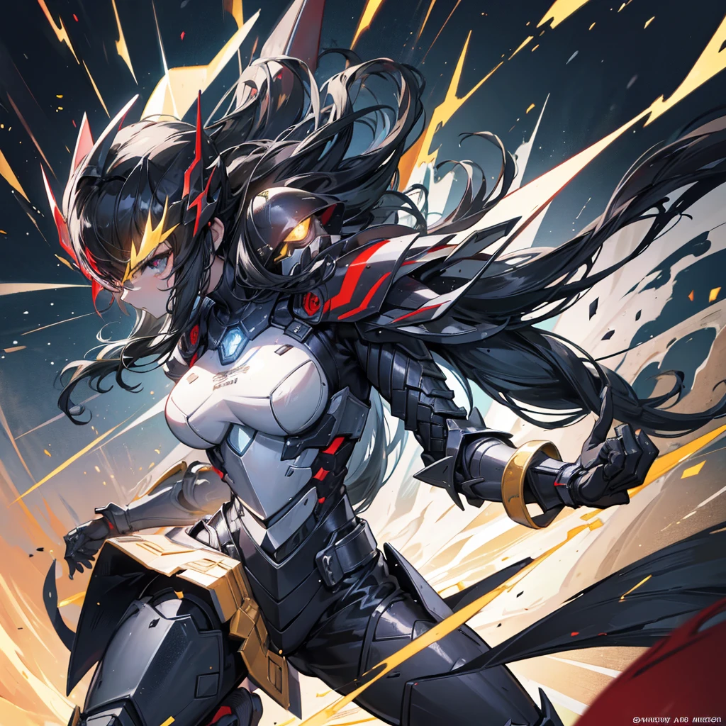 Highest quality,masterpiece,Girl,Black Hair,Long Hair,black eye,Light Particles,Diffused light,powered armor, full armor, powered leg, sentai hero battle armor