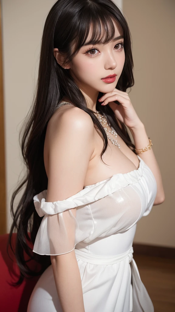 Canon RF 85mmf/1.2,masutepiece,Best Quality,超A high resolution,tu,1 girl,(Japanese Idol:1.2),Solo,white_shiny_skin,Black eyes,Necklace,brown_long_Wavy_hair,Red lipstick bright_shiny_Lips,Eyelashes,Bangs,deal,make - up,shiny,Pore,skin texture,Bracelet,off shoulders,See-through,Big breasts