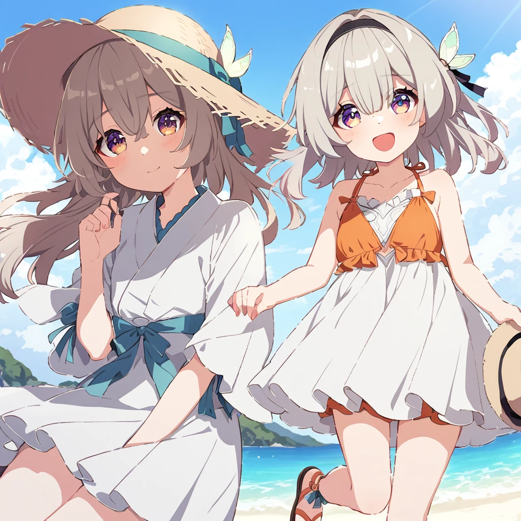 firefly \(honkai: star rail\)，(1woman), short bob, 28 years old, Japanese, brown eyes, brown hair, slim figure, flat chest, BREAK Outfit A girl wearing a vivid orange bikini that shines under the midsummer sun. She has a white lace cover-up over her bikini. On her feet are strappy sandals. Her hair is in a loose, wavy ponytail. She wears sunglasses and a straw hat. BREAK Expression & Background The girl has an innocent smile on her face, holding her hat with one hand. The background features a white sandy beach, turquoise sea, and clear blue sky. Her hair sways in the sea breeze as she enjoys the summer to the fullest.