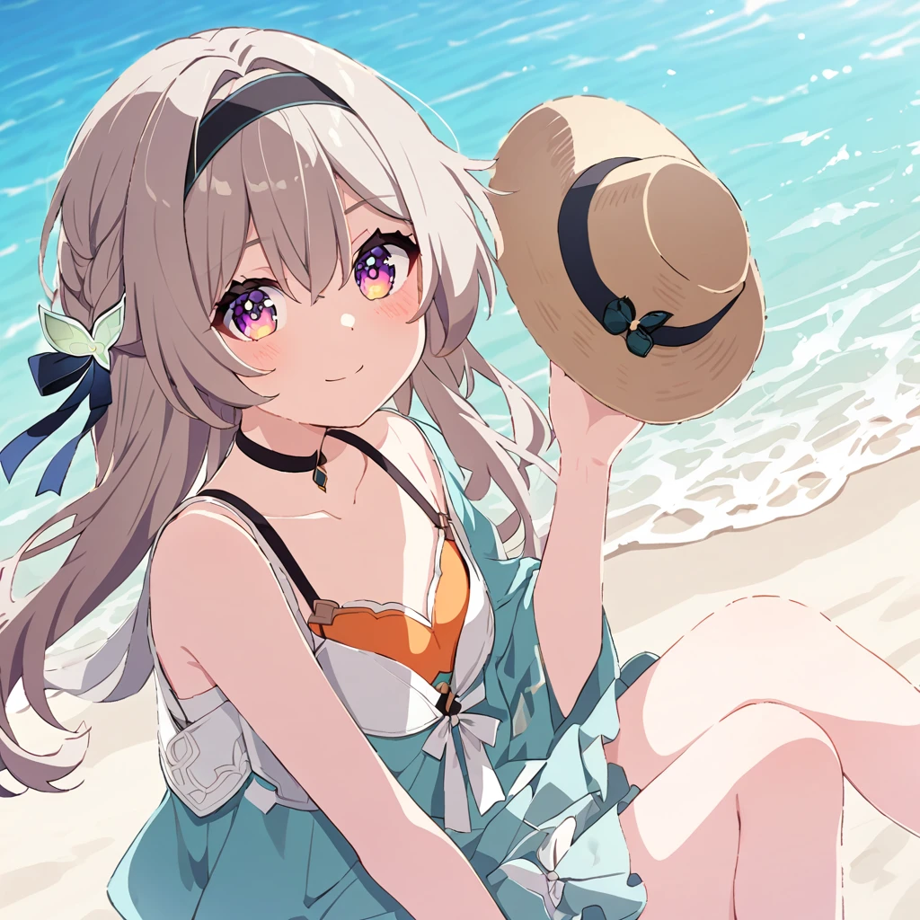 firefly \(honkai: star rail\)，(1woman), short bob, 28 years old, Japanese, brown eyes, brown hair, slim figure, flat chest, BREAK Outfit A girl wearing a vivid orange bikini that shines under the midsummer sun. She has a white lace cover-up over her bikini. On her feet are strappy sandals. Her hair is in a loose, wavy ponytail. She wears sunglasses and a straw hat. BREAK Expression & Background The girl has an innocent smile on her face, holding her hat with one hand. The background features a white sandy beach, turquoise sea, and clear blue sky. Her hair sways in the sea breeze as she enjoys the summer to the fullest.