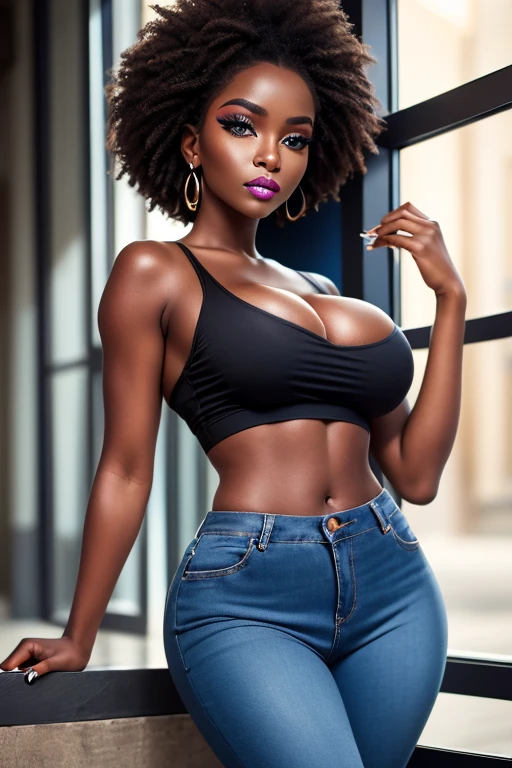 Create stunningly gorgeous and beautiful African goddess images, Long and beautiful eyelashes, black eyeliner, Professional studio makeup, lipstick, Natural African Hair, Stunningly beautiful face of a goddess, God-like body, Natural large breasts,Beauty Queen、 Sexy and seductive waist, Colored Crop Top, Apple Bottom Jeans,