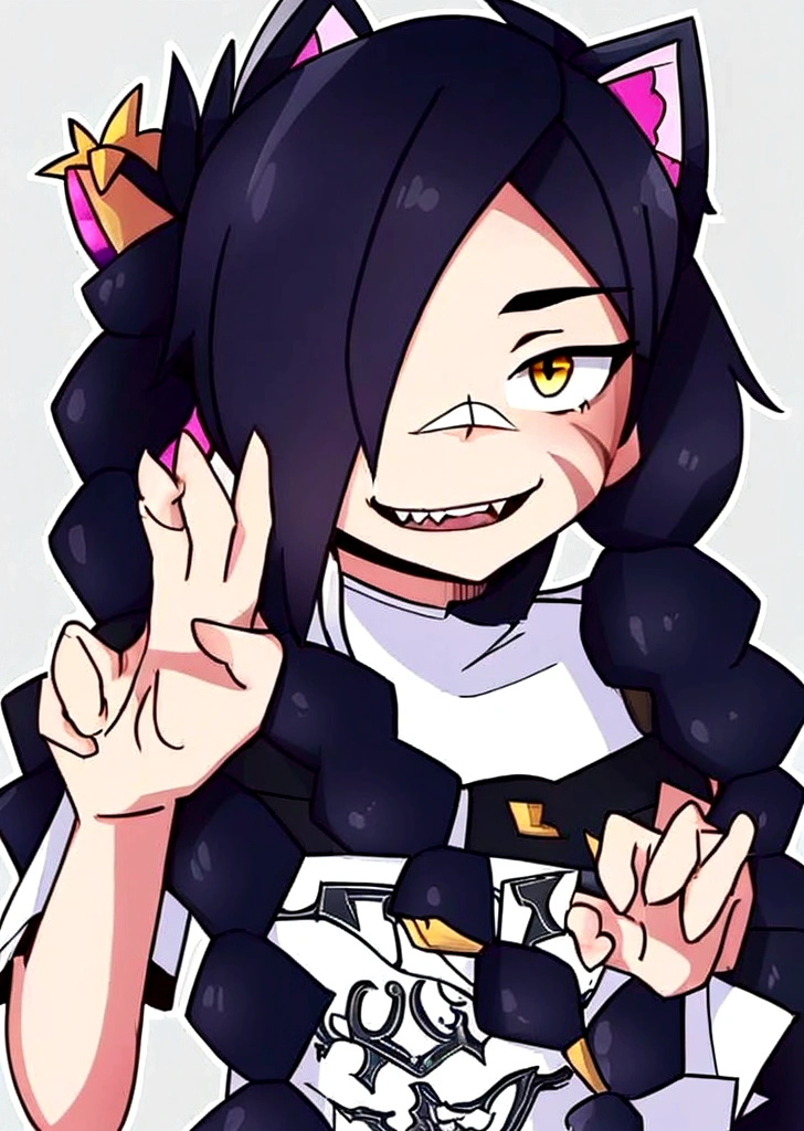 1 girl, Alone, wide, looking at the viewer, black fur, bandage on face, yellow eyes, animal ears, SMILE, bandage on nose, braid, cat ears, bandage, hits, old, fake animal ears, simple background, Open mouth, canine, , bare shoulders, SCAR, teeth, shirt, bare shoulders, white shirt, short sleeves, Closed mouth, t-shirt, hair over one eye, portrait, if, hair over the shoulder, Bermuda,