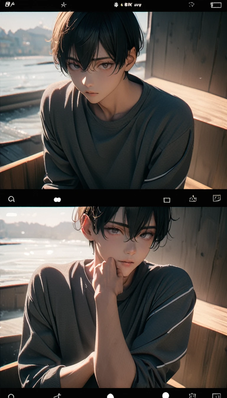 (8K, RAW photos, best quality, masterpiece: 1.4), (((Boy looking at his arm)))，Ultra-high resolution, Extremely detailed, light, closeup of arms, handsome boy, black eyes, (delicate eyes, Eyes are bright:1.2), Gray short hair, Fair skin,dark, Grey sweatshirt, sweatshirt with hood,(perfect anatomy:1.2), High-quality shadows, Natural Lighting, (White highlights:1.2), night, cloudy day, (at home:1.2), (White lines on arms:1.2)