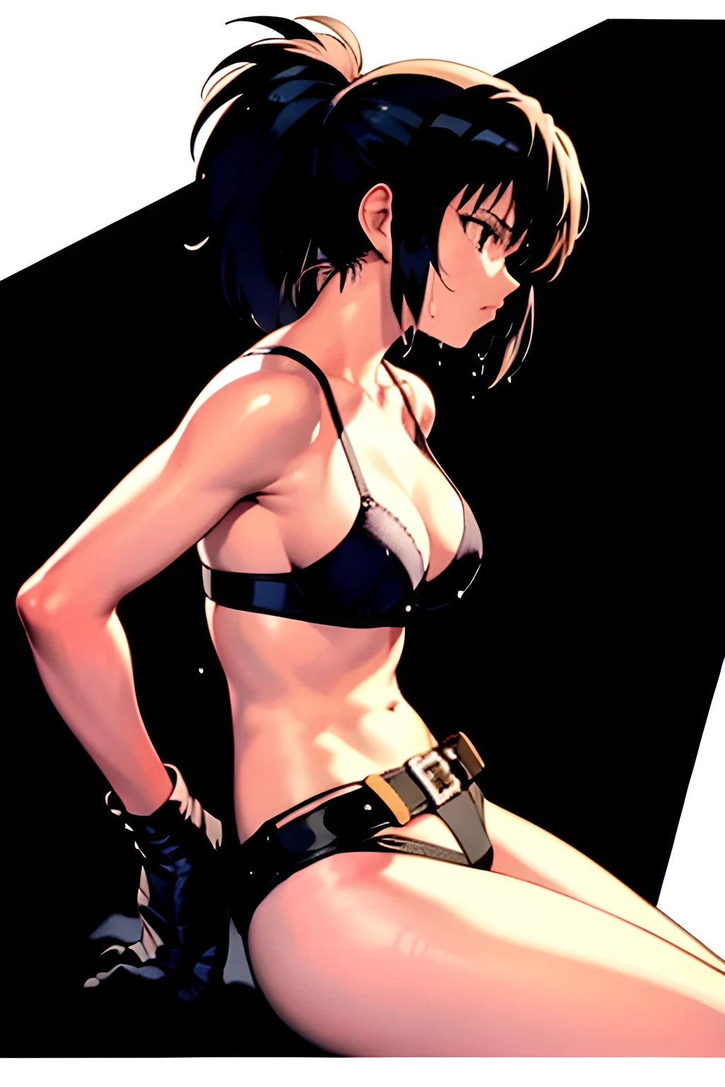 masterpiece, best quality, anime 1990s \(style\, leona heidern, fully black bra, thong ,jungle, pony tail, wet, serious, gloves , sleeveless, belt