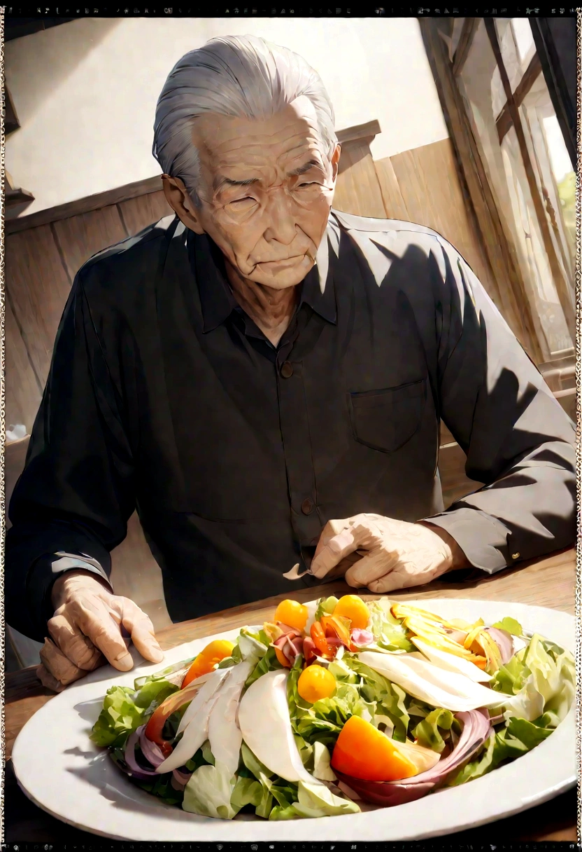 Medium-sized display, Medium shot, Written border depth, Break, Upper Body, angle, masterpiece, angle, (RAW photos, best quality), best quality, Very detailed, CG, 8k wallpaper, Vicissitudes, Older male protagonist,Chinese elderly,80 years old,male,Solitary, Divide salad, Look directly at the audience, front