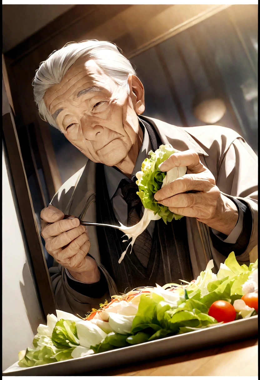 Medium-sized display, Medium shot, Written border depth, Break, Upper Body, angle, masterpiece, angle, (RAW photos, best quality), best quality, Very detailed, CG, 8k wallpaper, Vicissitudes, Older male protagonist，Chinese elderly，80 years old，male，Solitary, Divide salad, Look directly at the audience, front