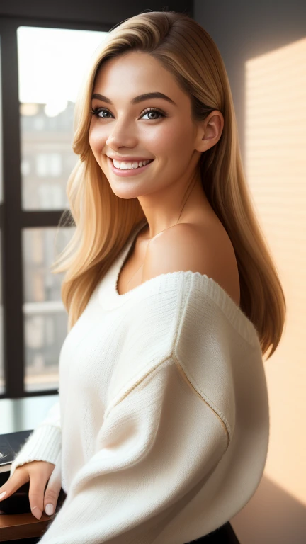 (ultrahd), (realistic), (real skin texture), (soft light), (cinematic light), a woman wear an one-shoulder oversized sweater, lean on her desk, seductive smile, pose, morning coffee,
