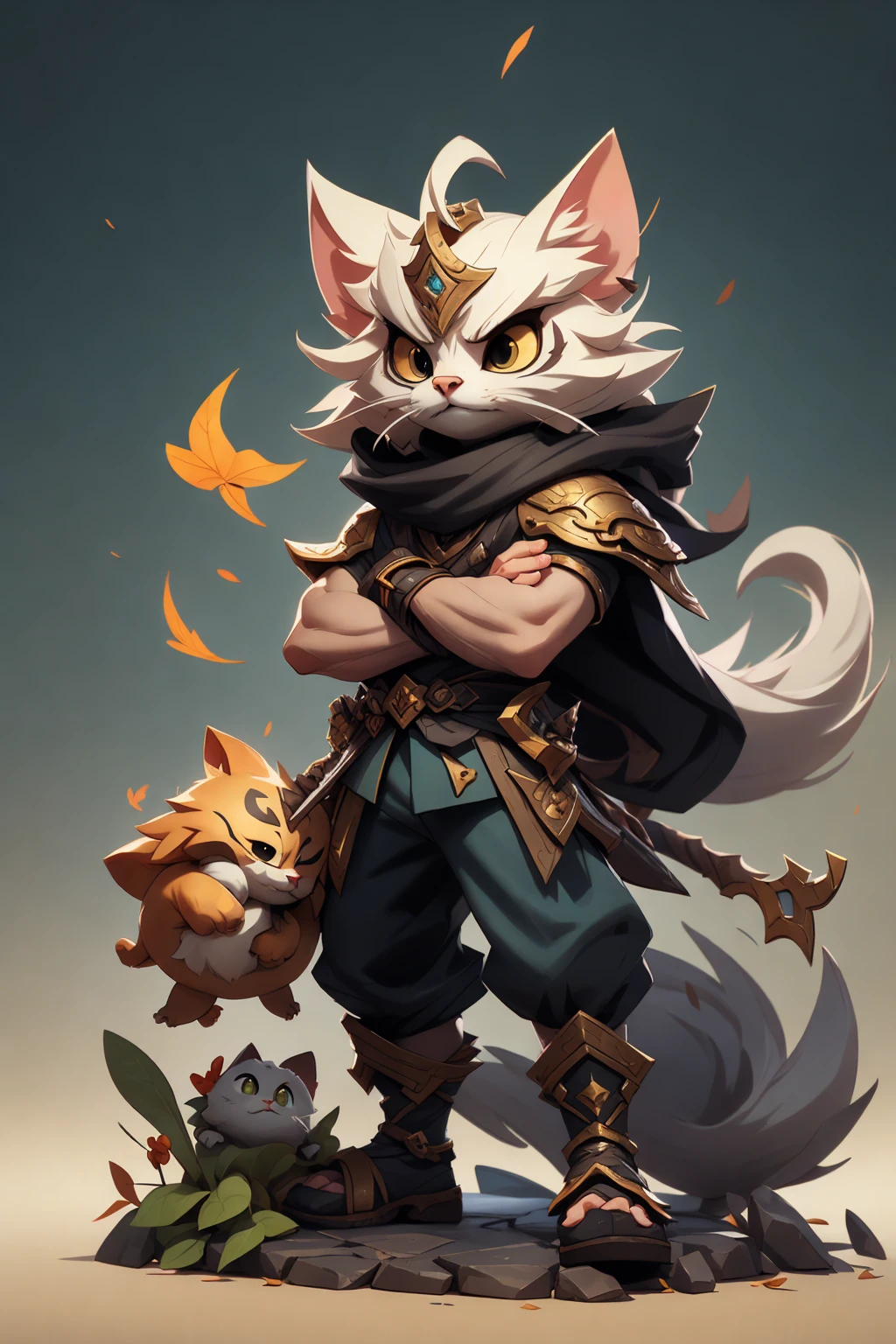 a cat warrior character, inspired by Lü Bu, full body, chibi, advanced digital chibi art, g liulian art style, maplestory mouse, bian lian, chibi art, league of legends art style, character art of maple story, game character, 3Q