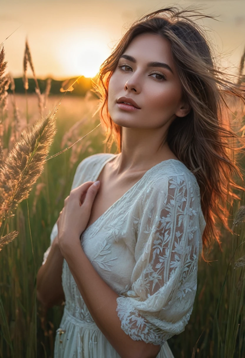 a woman standing in a field of tall grass with the sun setting, gorgeous woman, cinematic beautiful natural skin, attractive woman, attractive girl, photo of a beautiful woman, gorgeous attractive face, extremely beautiful face, in a field, beautiful female model, portrait of a beautiful model, soft portrait shot 8 k, beautiful delicate face, a beautiful young woman, attractive beautiful face