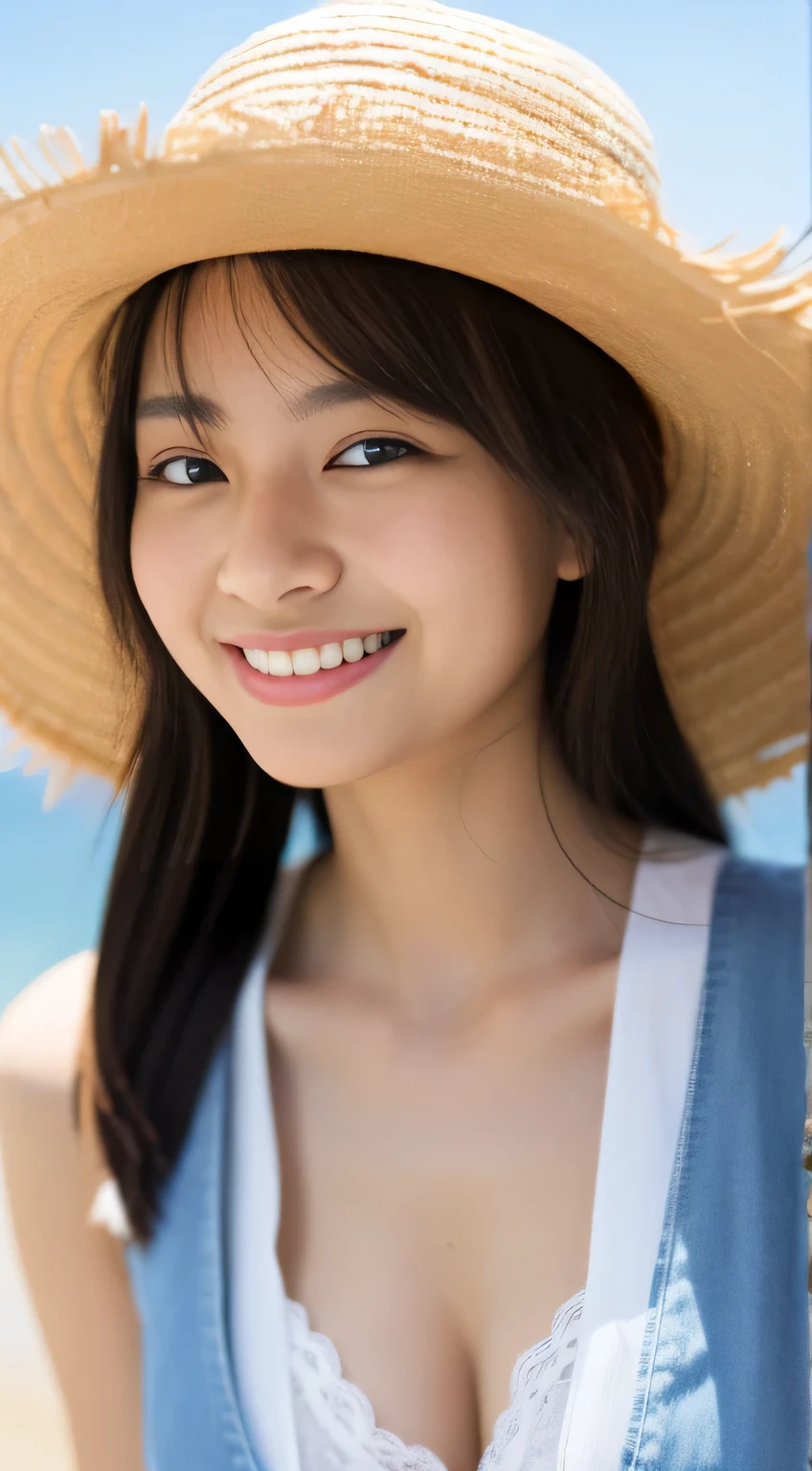 masterpiece,best quality,(Japanese ),((Beautiful girl)),cleavage,(perfect body beauty:1.2),(shy smile),beautiful teeth,(straw hat),(seaside),