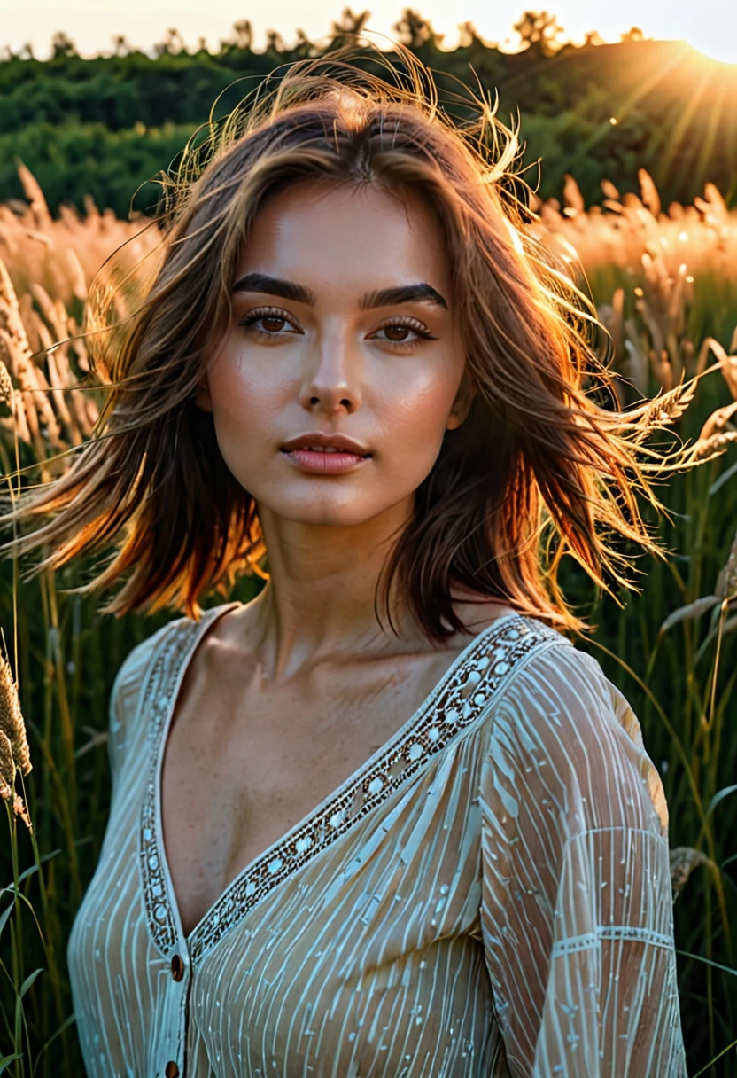 a woman standing in a field of tall grass with the sun setting, gorgeous woman, cinematic beautiful natural skin, attractive woman, attractive girl, photo of a beautiful woman, gorgeous attractive face, extremely beautiful face, in a field, beautiful female model, portrait of a beautiful model, soft portrait shot 8 k, beautiful delicate face, a beautiful young woman, attractive beautiful face