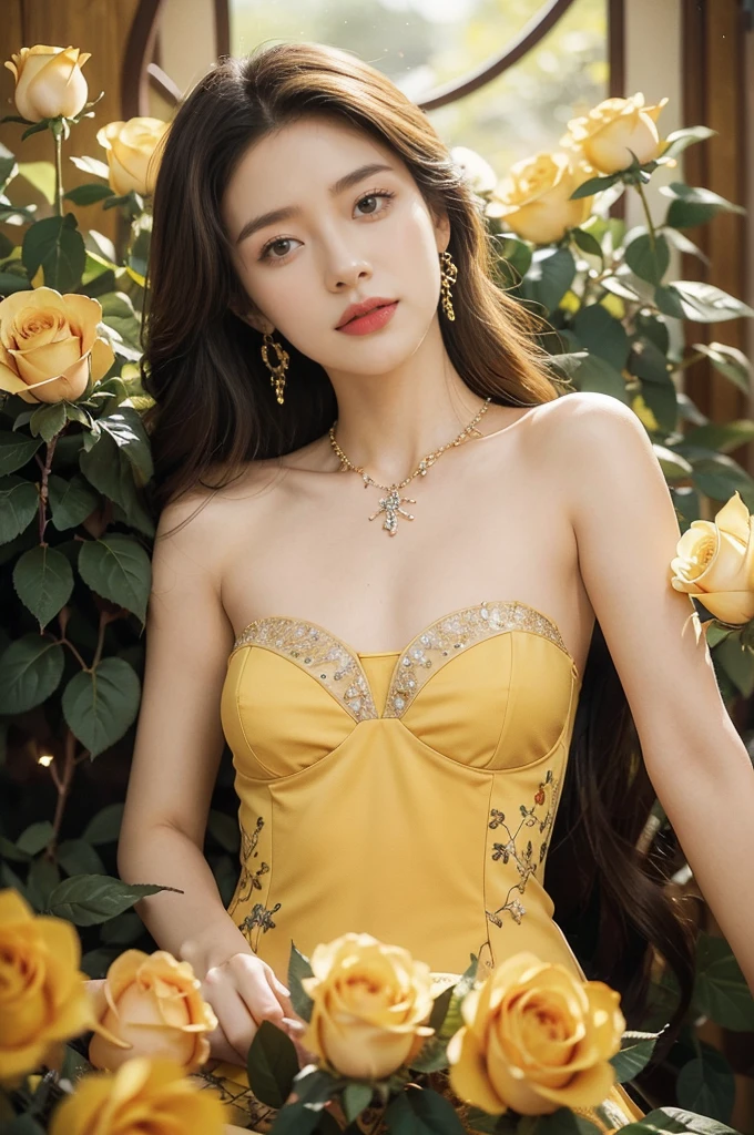(((best quality))),(((ultra detailed))),(((masterpiece))),illustration, a stunning young girl amidst a sea of yellow roses,strapless yellow rose petal bra,slim,thin, fair skin,shoulder length straight chestnut hair,earrings,necklace,intricate patterns, embellishments, ethereal charm, sparkling eyes, gentle smile,flat chest,small breasts, innocence and grace, yellow roses background, full bloom, fragrance of roses, enchanting presence, delicate fingers, admiration, beauty and nature blend, striking appearance, vibrant yellow color, harmonious equilibrium,lasting impression,standing,((close-up of face,from front)),night scene,