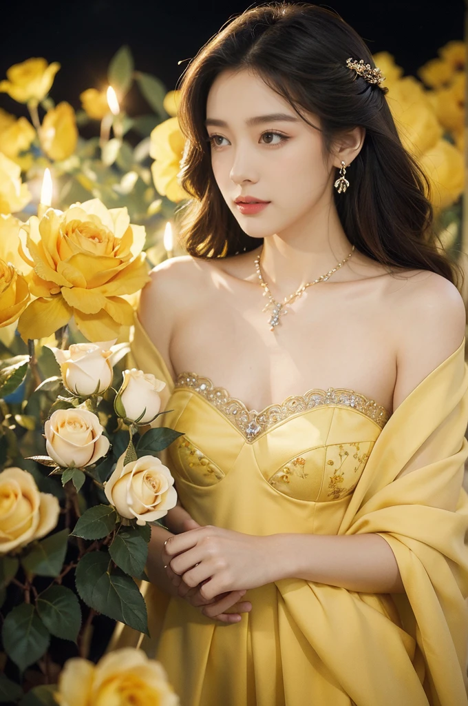 (((best quality))),(((ultra detailed))),(((masterpiece))),illustration, a stunning young girl amidst a sea of yellow roses,strapless yellow rose petal bra,slim,thin, fair skin,shoulder length straight chestnut hair,earrings,necklace,intricate patterns, embellishments, ethereal charm, sparkling eyes, gentle smile,flat chest,small breasts, innocence and grace, yellow roses background, full bloom, fragrance of roses, enchanting presence, delicate fingers, admiration, beauty and nature blend, striking appearance, vibrant yellow color, harmonious equilibrium,lasting impression,standing,((close-up of face,from front)),night scene,