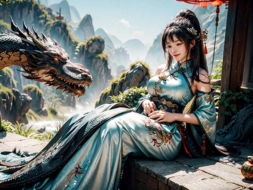 sitting,1girl caresses the sleeping Chinese dragon with her hands, best quality, masterpiece, ultra-high resolution, realistic, full, candid shot from a distance, Chinese culture, Chinese painting style, a huge Chinese dragon, a woman, bare shoulders , smile, fairy mountain, aura, harmonious atmosphere, the ground is full of white mist