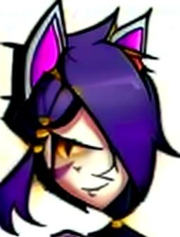1 girl, Alone, wide, looking at the viewer, black fur, bandage on face, yellow eyes, animal ears, SMILE, bandage on nose, braid, cat ears, bandage, hits, old, fake animal ears, simple background, Open mouth, canine, , bare shoulders, SCAR, teeth, shirt, bare shoulders, white shirt, short sleeves, Closed mouth, t-shirt, hair over one eye, portrait, if, hair over the shoulder, Bermuda,
