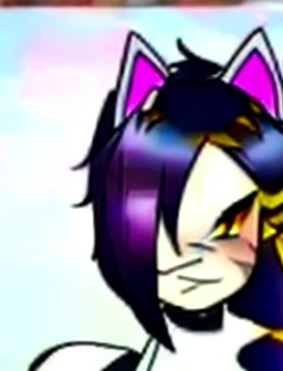 1 girl, Alone, wide, looking at the viewer, black fur, bandage on face, yellow eyes, animal ears, SMILE, bandage on nose, braid, cat ears, bandage, hits, old, fake animal ears, simple background, Open mouth, canine, , bare shoulders, SCAR, teeth, shirt, bare shoulders, white shirt, short sleeves, Closed mouth, t-shirt, hair over one eye, portrait, if, hair over the shoulder, Bermuda,