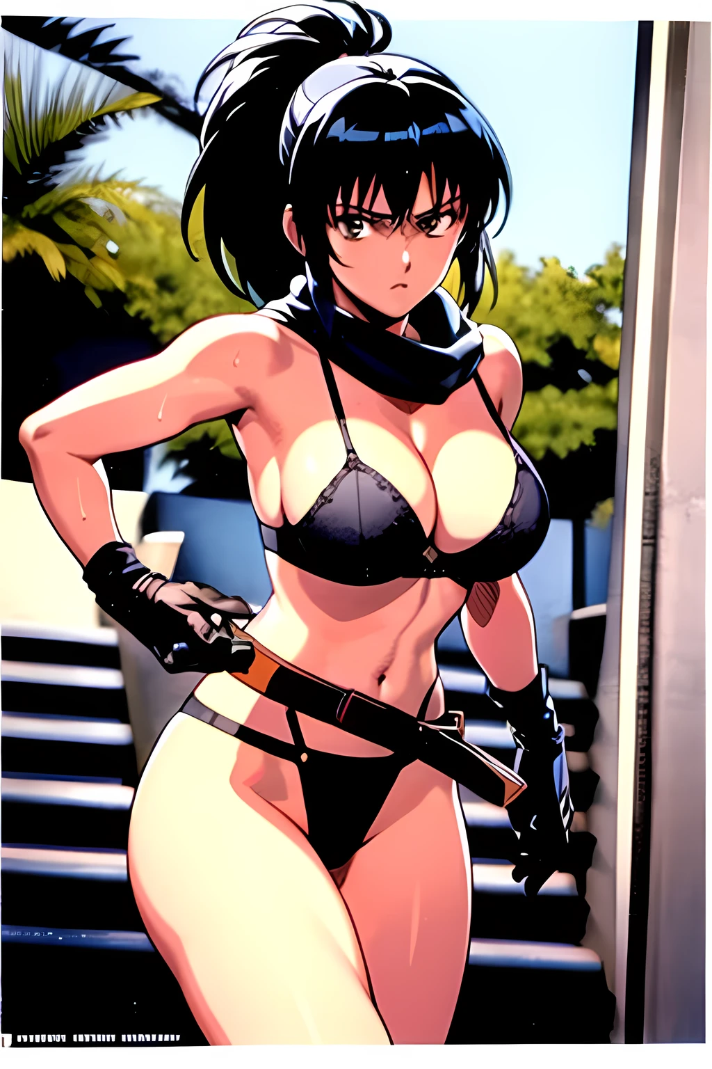 masterpiece, best quality, anime 1990s \(style\, leona heidern, fully black bra, thong ,jungle, pony tail, wet, serious, gloves , sleeveless, belt, scarf