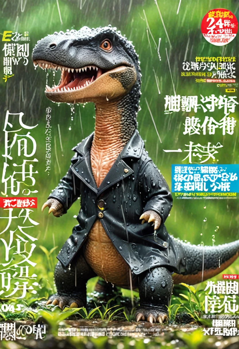 Magazine cover,Fierce Tyrannosaurus(Wearing a black trench coat),,(No humans),E7E48U,Wet body,rain, Background grassland