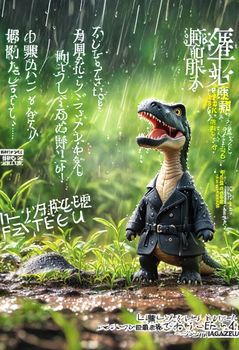 Magazine cover,Fierce Tyrannosaurus(Wearing a black trench coat),,(No humans),E7E48U,Wet body,rain, Background grassland
