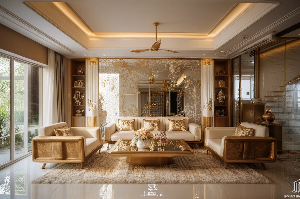 ,Masterpiece, Best quality,8K, Ultra-high resolution,When you step into the (living: 1.1) ,Immediately surrounded by a rich atmosphere of luxury. The space  was covered with a soft white fluffy blanket,It is so comfortable,So much so that you can't help but indulge in it。Embellished with precious porcelain and white-off gold ornaments。Whenever it is late afternoon,The afterglow from the window spilled on the floor,Soft light and shadow are reflected,It was as if entering a dreamland. ((Wooden chair and table : 1.3)), ((COLUMN MIRROR : 1.3))