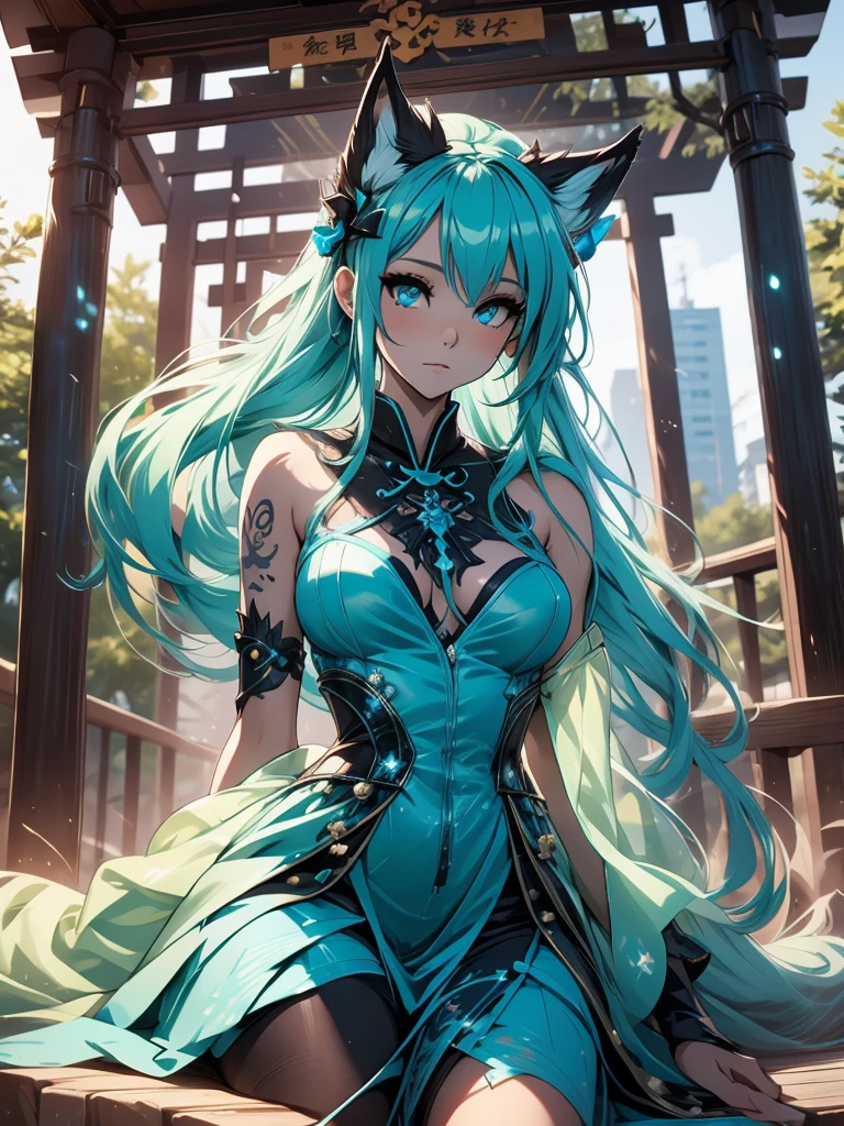Miku Hatsune x vixen high definition add_detail:1, blue fur,kitsune ears, tribal tattoo add_detail:1, pretty girl add_detail:1, feudal priestess clothing add_detail:1, japanese shrine landscape add_detail:1, japanese shrine costume add_detail:1, add_detail:1, full body add_detail, highly detailed face, deep aqua iris add_detail:1