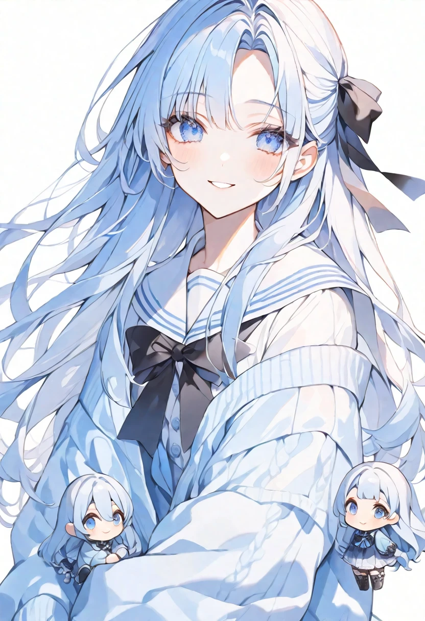 独奏, handsome, Watercolor 1. Female, Straight long hair,black ash light blue hair, blue eyes&Soft look ,ta,18 years old,Sailor suit,Light blue cardigan,sweater,skin,sexly,smile,Mini character,1/2,White background