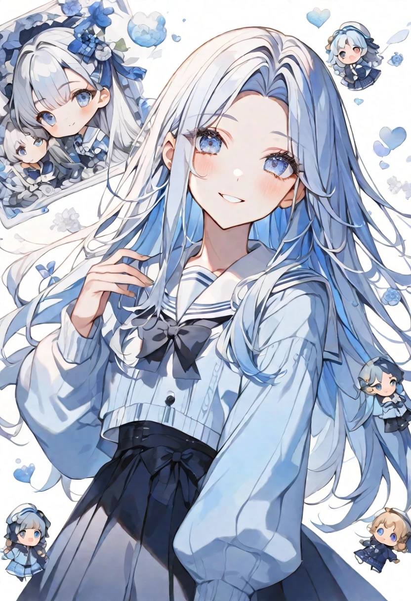 独奏, handsome, Watercolor 1. Female, Straight long hair,black ash light blue hair, blue eyes&Soft look ,Lolita,18 years old,Sailor suit,Light blue cardigan,sweater,skin,sexly,smile,Mini character,1/2,White background
