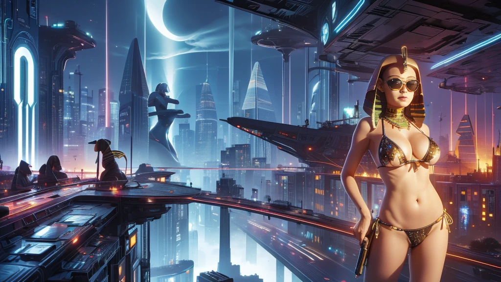 (((a large-?????? ?????? slim GIRL with black micro sunglasses))), (((aiming at viewer with a pistol))), a balcony of a futuristic building, aerial view of an ultra-futuristic megalopolis, many metal buildings and houses in dark colors from dark blue to black, a cidade tem tons de cinza metal, has smoky metal structures , industrial environment with smoke and fog around, carros escuros nas ruas, desert megalopolis, trilhos e trens modernos de de metal passando estre as ruas da cidade, tall futuristic metal buildings, many ultra modern buildings around, (((an Egypt sphinx statue on the top of building))), realistic, detailed, sci-fi.
