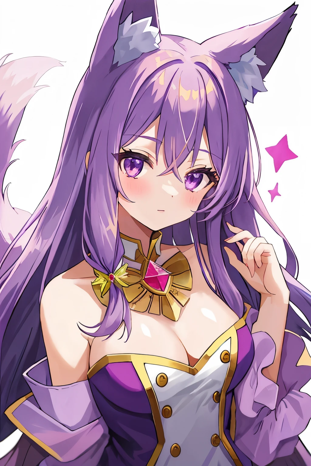 young girl with long light purple hair, purple eyes, fox ears, two crystallized foxtails, and three crystal flower marks on the forehead