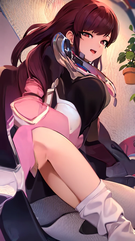 Briar looks over the viewer, She has big breasts and part of her tits can be seen through her dress, tender look, She is sitting on a bed with her legs crossed., tight white stockings, ((Best Quality)), ((Masterpiece))