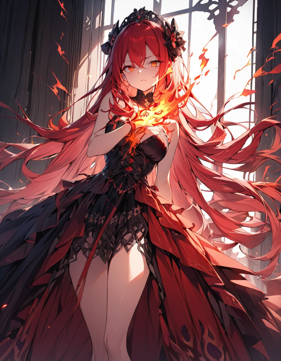 masterpiece　Detailed description　A woman with very long red hair　Very intense flames all over　Spell　