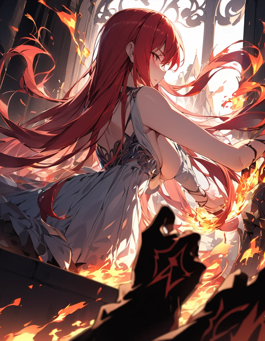 masterpiece Detailed description A woman with very long red hair Very intense flames all over Spell