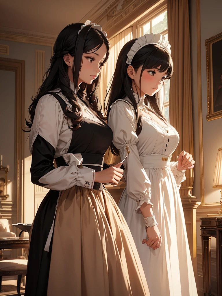 (​masterpiece、top-quality、hight resolution、Unity 8k Wallpaper、extremely details CG:1), An illustration depicting a typical day in a wealthy aristocratic mansion, featuring a young elementary school-aged girl and her devoted nursemaid, who has now become her personal maid. The young lady is dressed in an elegant, classic aristocratic outfit, reflecting her privileged upbringing. The nursemaid-turned-maid is dressed in a traditional maid uniform, appearing both nurturing and professional. They are seen engaging in everyday activities within the opulent surroundings of the mansion, such as the grand living room with luxurious furnishings, large windows with heavy drapes, and a lavish garden visible outside. The scene captures the close bond and care between the young girl and her maid in a sophisticated yet warm atmosphere.
