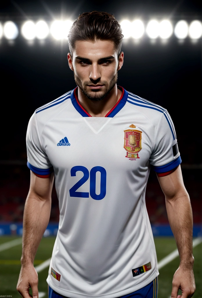 Best quality,ultra detailed,realist:1.37,Handsome man from Spain,Beautiful face,detailed eyes,strong jawline,unshaven, happy and emotional face, elegant hair, active posture in movement, scores a goal, ,gentleman,Breathtaking view,In a good condition,professional,model appearance,bright colors,studio lighting,warm colors,Half:portrait、Spain national football team jersey、30 year old man, Best quality, masterpiece, super high resolution, detailed background, Realism, 1 guy, soccer field, Muscles, volumetric lighting, depth of field, whole body, facial hair, football player, scores a goal, full length