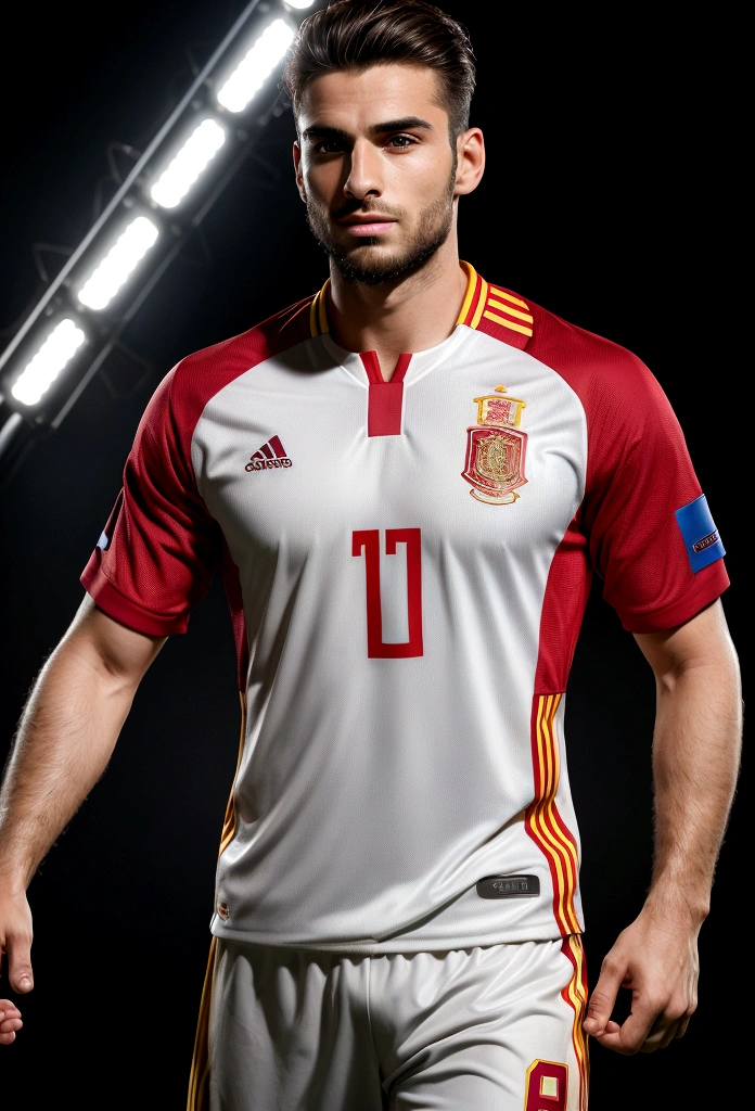 Best quality,ultra detailed,realist:1.37,Handsome man from Spain,Beautiful face,detailed eyes,strong jawline,unshaven, happy and emotional face, elegant hair, active posture in movement, scores a goal, ,gentleman,Breathtaking view,In a good condition,professional,model appearance,bright colors,studio lighting,warm colors,Half:portrait、Spain national football team jersey、30 year old man, Best quality, masterpiece, super high resolution, detailed background, Realism, 1 guy, soccer field, Muscles, volumetric lighting, depth of field, whole body, facial hair, football player, scores a goal, full length
