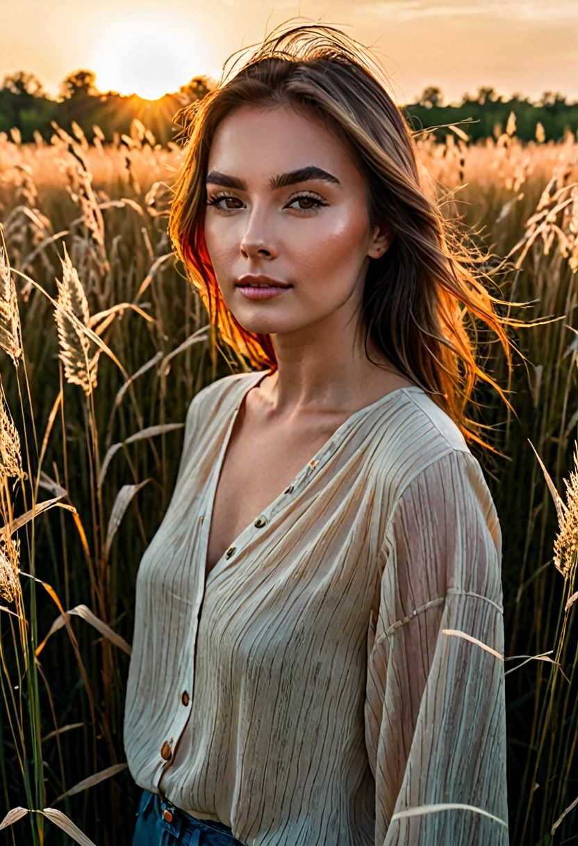 a woman standing in a field of tall grass with the sun setting, gorgeous woman, cinematic beautiful natural skin, attractive woman, attractive girl, photo of a beautiful woman, gorgeous attractive face, extremely beautiful face, in a field, beautiful female model, portrait of a beautiful model, soft portrait shot 8 k, beautiful delicate face, a beautiful young woman, attractive beautiful face