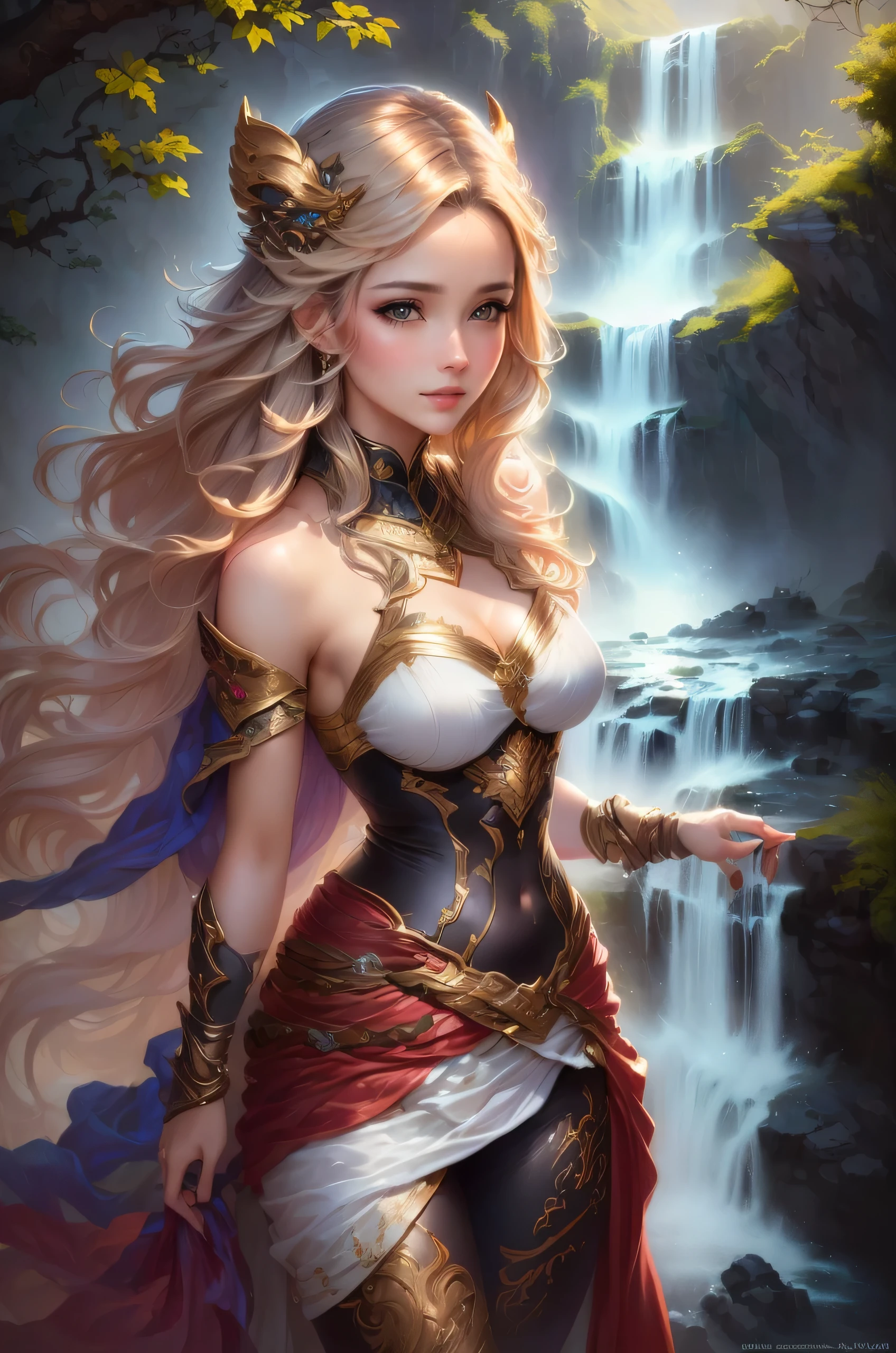 There is a woman holding a small dog in front of a waterfall., Magali Villeneuve, beautiful fantasy art portraits, Jan J, Fan Chi, Beautiful digital art, Fantasy art style, Cute and detailed digital art, fantasy art portraits, Adorable digital painting, Beautiful character drawings, Beautiful fantasy art, Beautiful digital painting, グラフィックアーティスト Magali Villeneuve