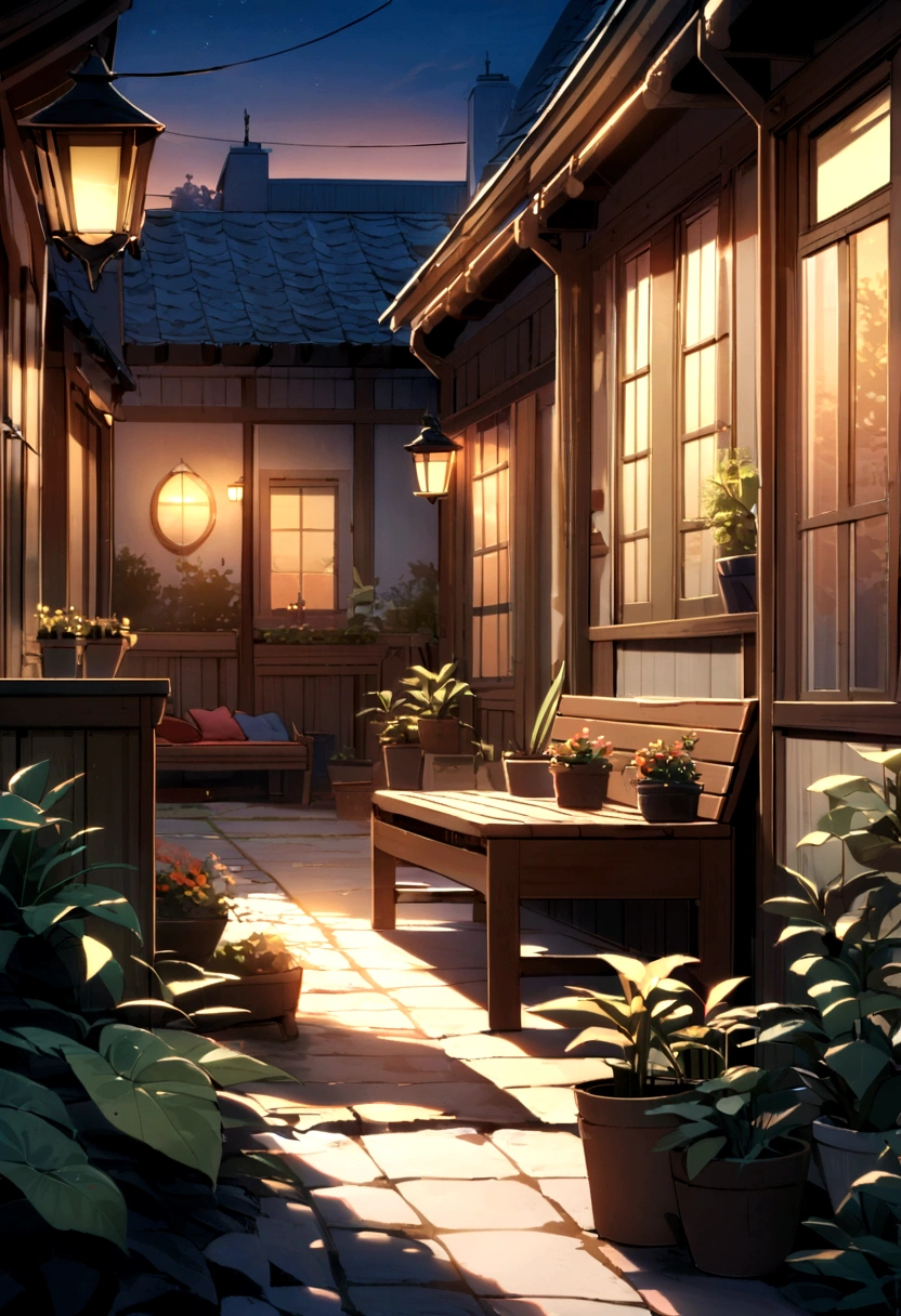 Evening, cozy courtyard, A lot of plants, Colors, Benches, children playing