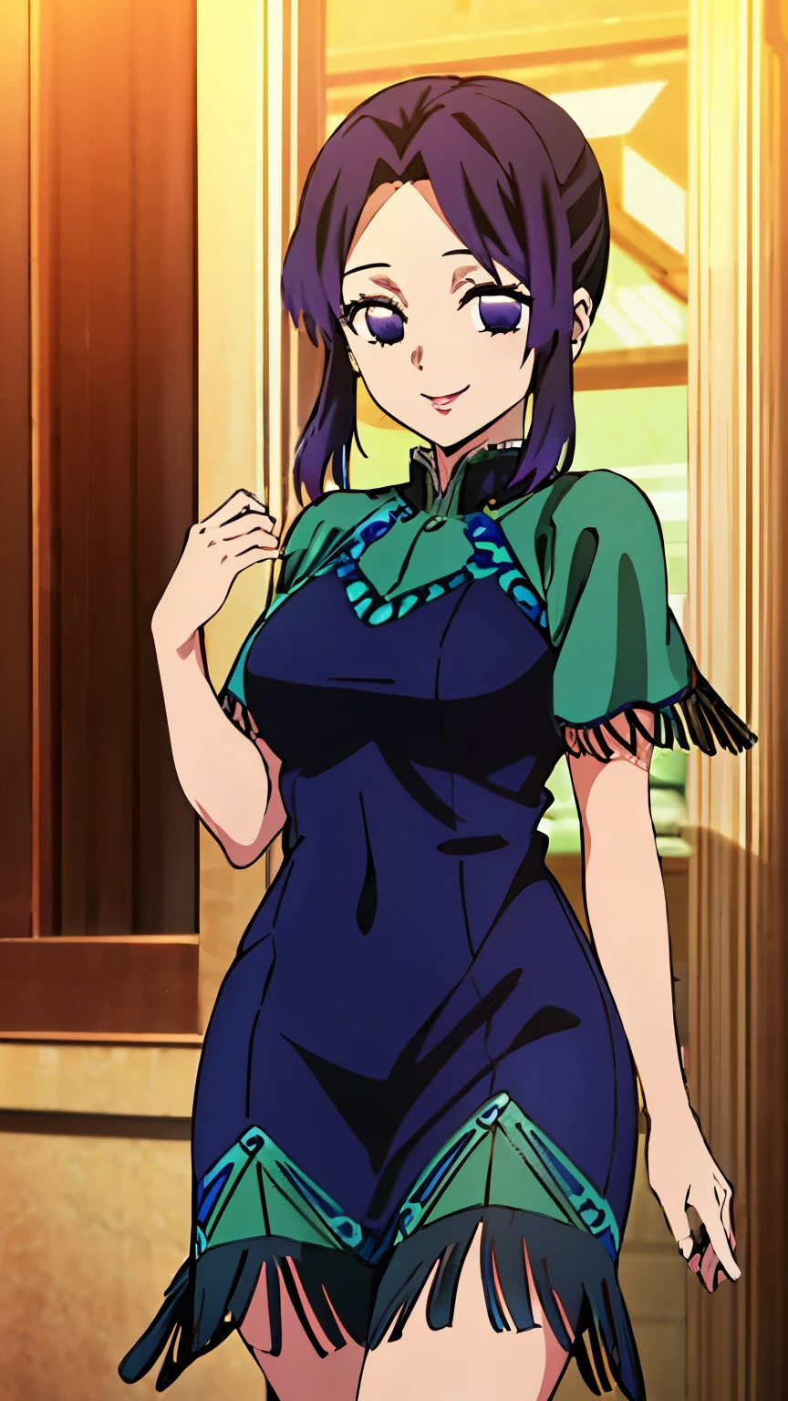 (Top Quality, 8K, High Resolution, Masterpiece: 1.2), Anime, Shinobu Kocho, 1 Girl,solo, Perfect Face, Perfect Eyes, Soft Expression, Medium Breasts, Purple Hair, Short Hair,large butterfly hair clip, Pretty Parted bangs, purple eyes, narrow eyes, (( flapp3r, black flapper dress, blue flapper dress, red flapper dress, green flapper dress, flapper dress, smile, cowboy shot)), viewer appreciation,