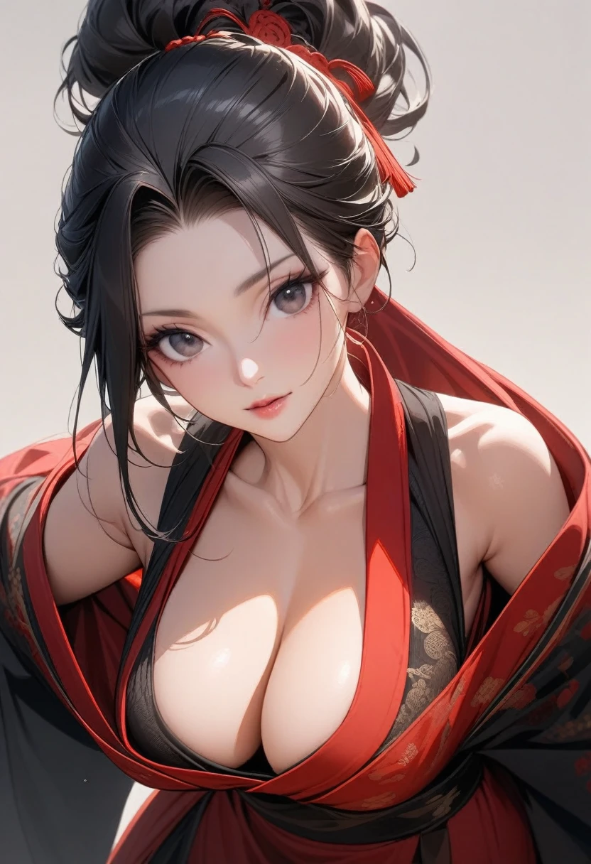 Mature women,Black long hair,Hair up,Red Hanfu,Showing cleavage,Show your shoulders,Beautiful black eyes,Extremely detailed,high resolution,Simple background