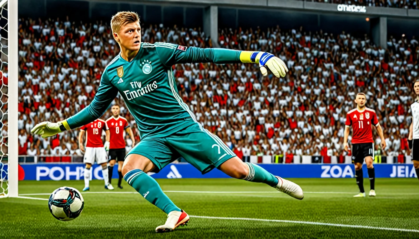 a photorealistic image of Toni Kroos, wearing jersey number 8, shooting a penalty kick into the goal, goalkeeper tries to fetch the ball, german flag on jersey, (best quality,4k,8k,highres,masterpiece:1.2),ultra-detailed,(realistic,photorealistic,photo-realistic:1.37),studio lighting,extremely detailed face and eyes,extremely detailed jersey,extremely detailed goalkeeper,extremely detailed soccer ball,dramatic lighting,dynamic pose,ultra-fine painting,sharp focus,physically-based rendering,professional,vivid colors,cinematic composition