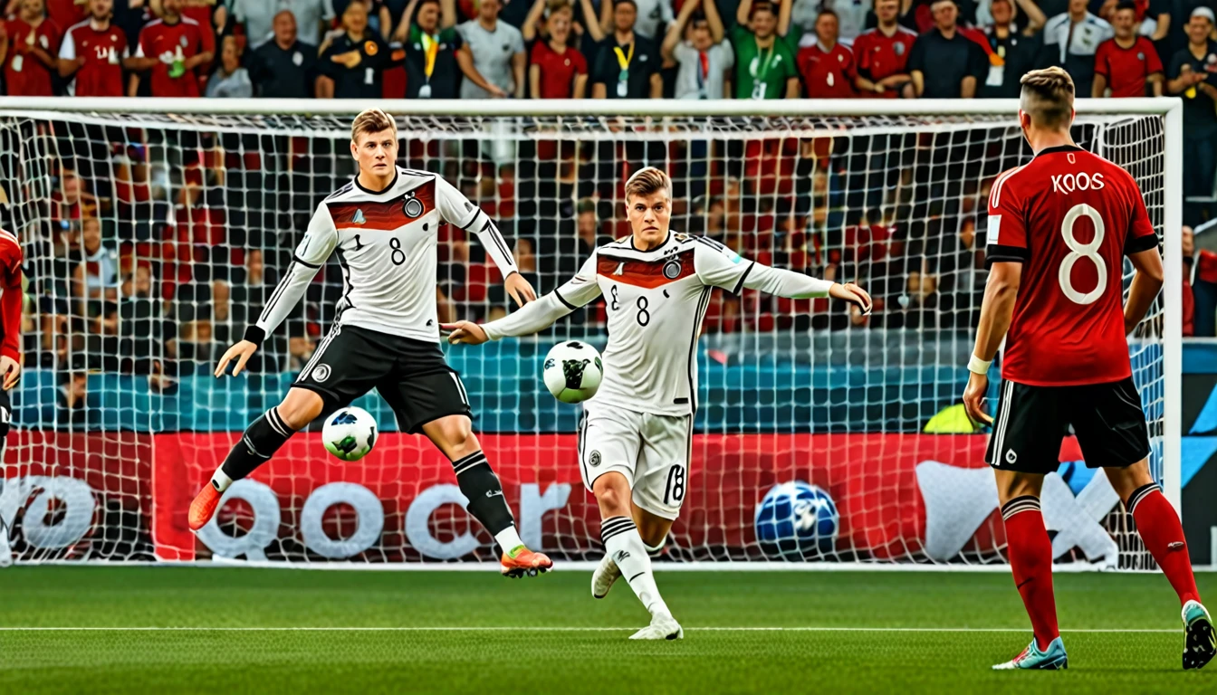 a photorealistic image of Toni Kroos, wearing jersey number 8, shooting a penalty kick into the goal, goalkeeper tries to fetch the ball, german flag on jersey, (best quality,4k,8k,highres,masterpiece:1.2),ultra-detailed,(realistic,photorealistic,photo-realistic:1.37),studio lighting,extremely detailed face and eyes,extremely detailed jersey,extremely detailed goalkeeper,extremely detailed soccer ball,dramatic lighting,dynamic pose,ultra-fine painting,sharp focus,physically-based rendering,professional,vivid colors,cinematic composition