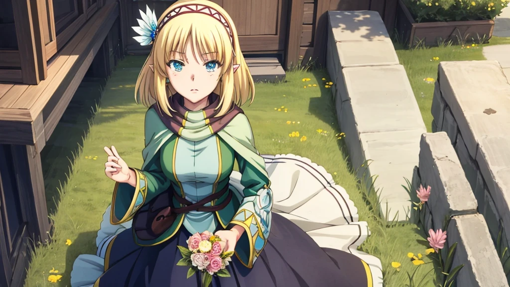 Anime girl holding flowers, Cute anime waifu in a nice dress, In a dress, I deny that, Official Art, Anime Princess, , Beatrice Blue, Zerochan Art, Royal elegant pose, Official Artワーク, Splash art anime , irritating, Kshat Krentz Key Art Female, Detailed fan art, Beautiful age girl, , One girl, Cayna, Blonde, short hair, blue eyes, hair ornaments, Very pointy ears