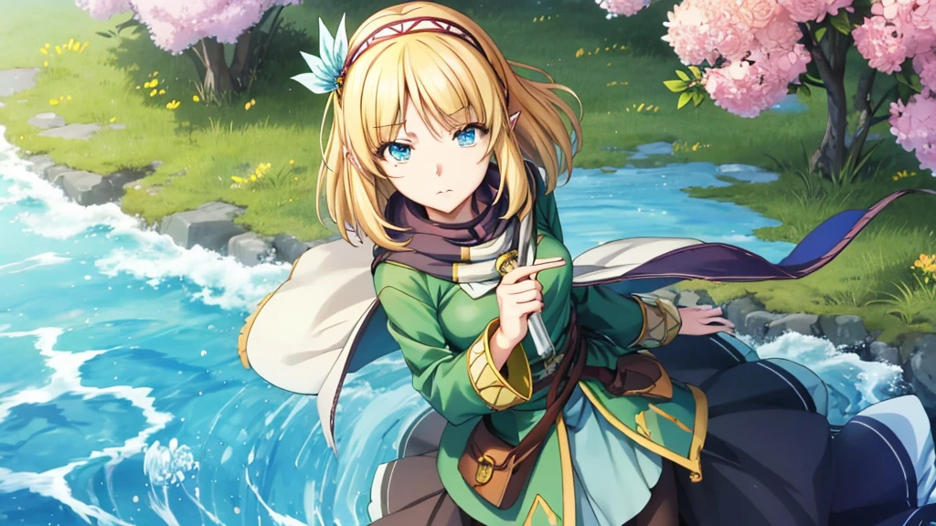 Anime girl holding flowers, Cute anime waifu in a nice dress,  In a dress, I deny that, Official Art, Anime Princess, , Beatrice Blue, Zerochan Art, Royal elegant pose, Official Artワーク, Splash art anime , irritating, Kshat Krentz Key Art Female, Detailed fan art, Beautiful teenage girl, , One girl, Cayna, Blonde, short hair, blue eyes, hair ornaments, Very pointy ears