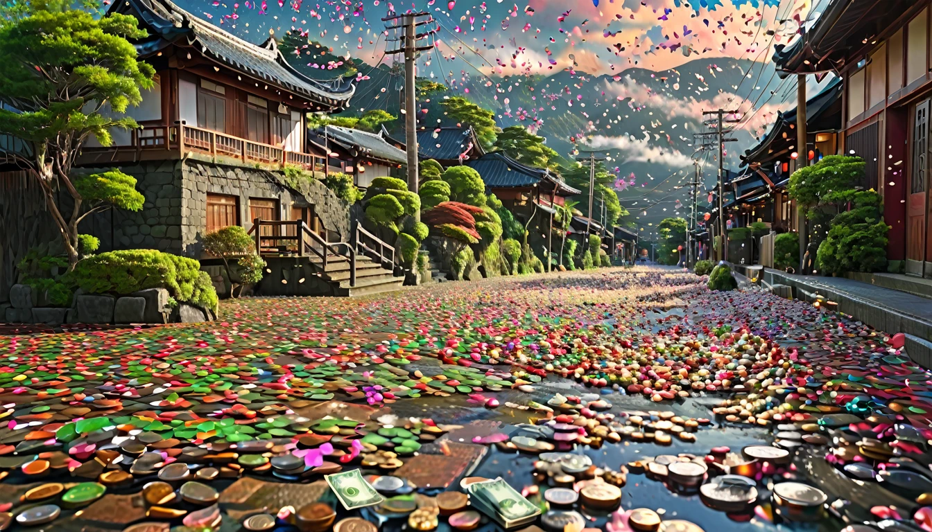 Landscape painting, location is Japan, scene with many bills falling from the sky, Japanese money, currency, coins, no people, only background, (centered, resized, rule of thirds, high resolution, sharp focus, (super detailed, very detailed), (photorealistic artwork:1.37), (highly detailed CG Unity 8k wallpaper), (((vibrant colors, vibrant theme))), (intricate), (masterpiece), (best quality), art photography, (sldr Photo by ), (intricate background)