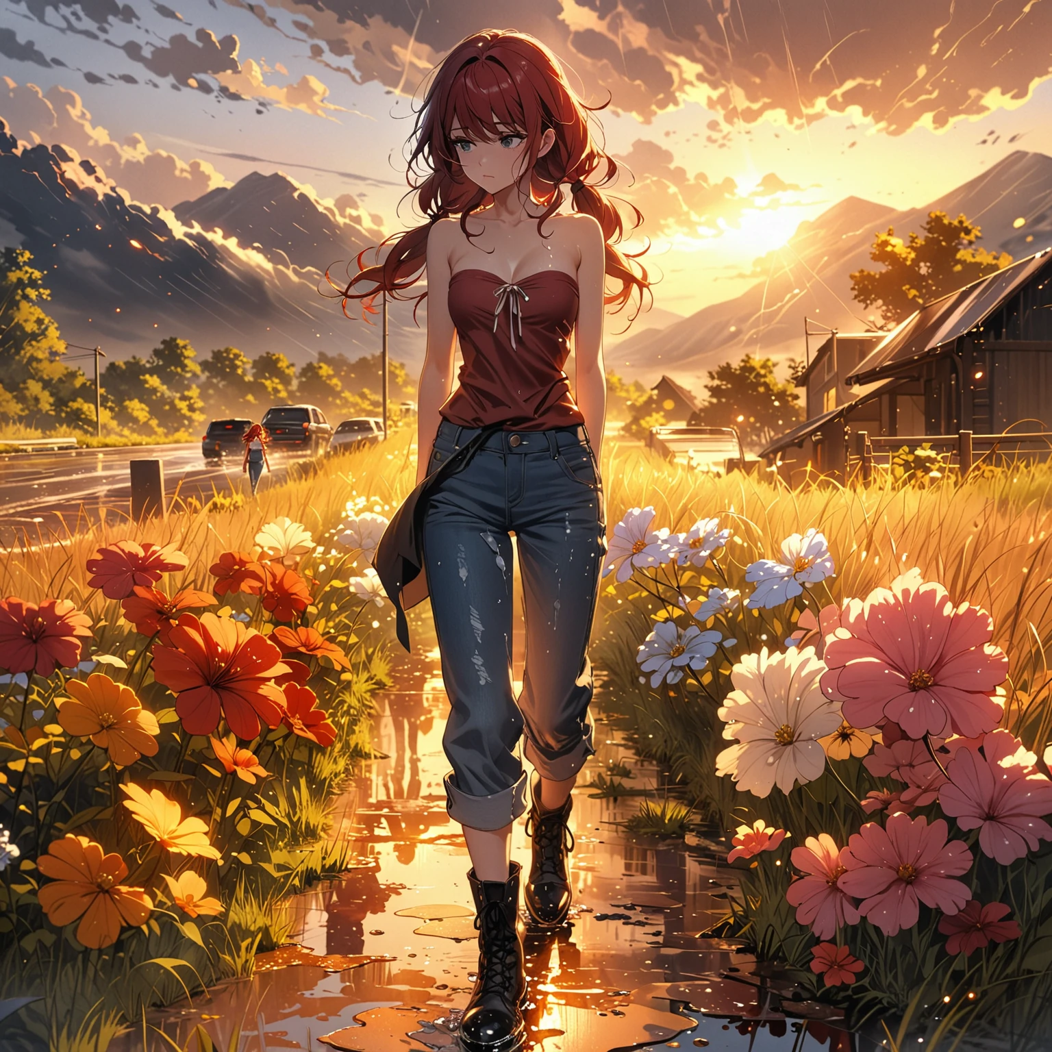 Highest quality, masterpiece, light particles l, somber mood. Stoic, thin, Young woman with dark red hair in low twin tails, swept bangs, gray eyes, walking, after storm, puddles, reflective water, strapless white shirt, jeans, hair blowing in wind, dusk